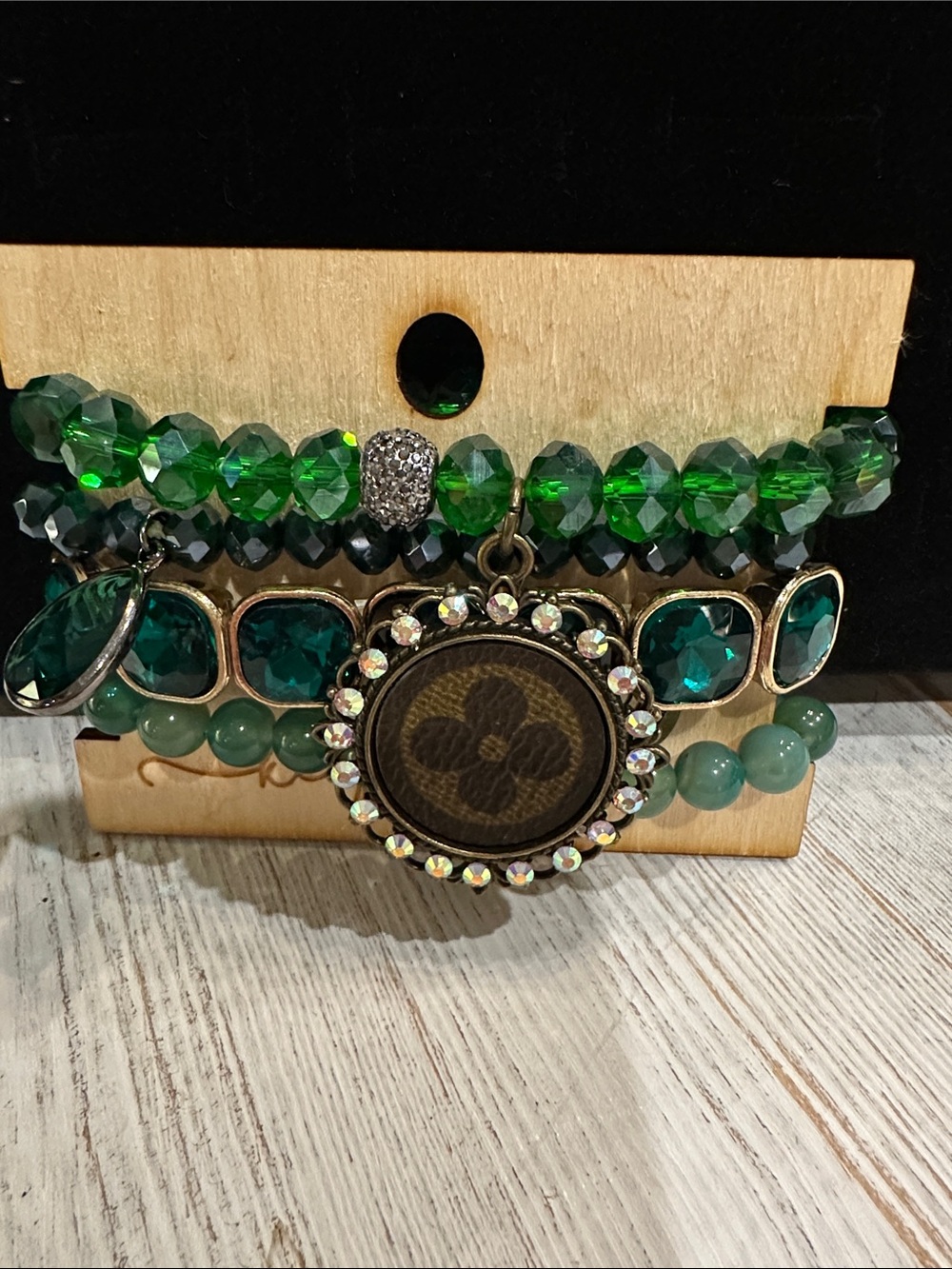 GPY100 - Keep It Gypsy Green Beaded Bracelet Stack with Upcycled Charm